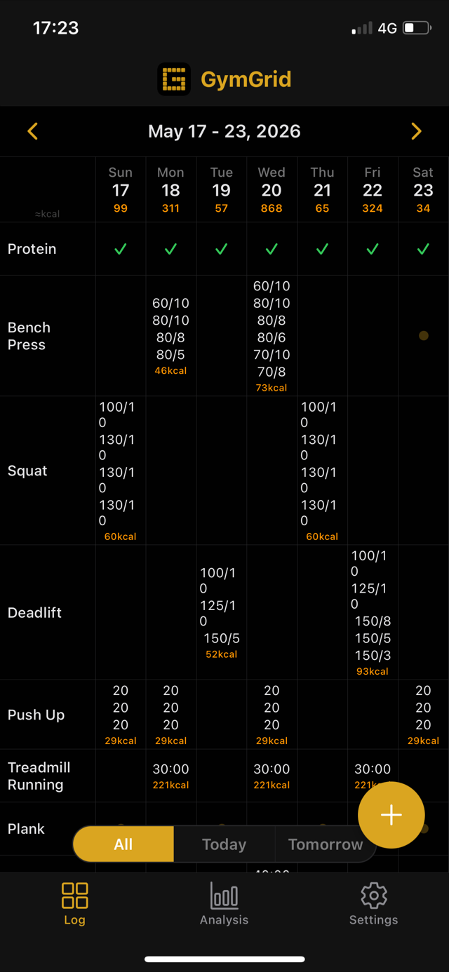 A 'Protein' check-in row with green checkmarks sits in the weekly grid alongside training exercises