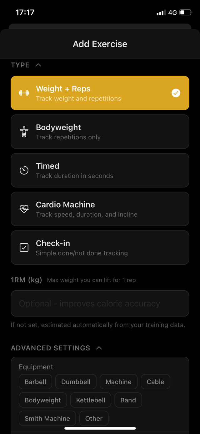GymGrid's add-exercise screen with the five types — Weight + Reps, Bodyweight, Timed, Cardio, Check-in — and equipment options