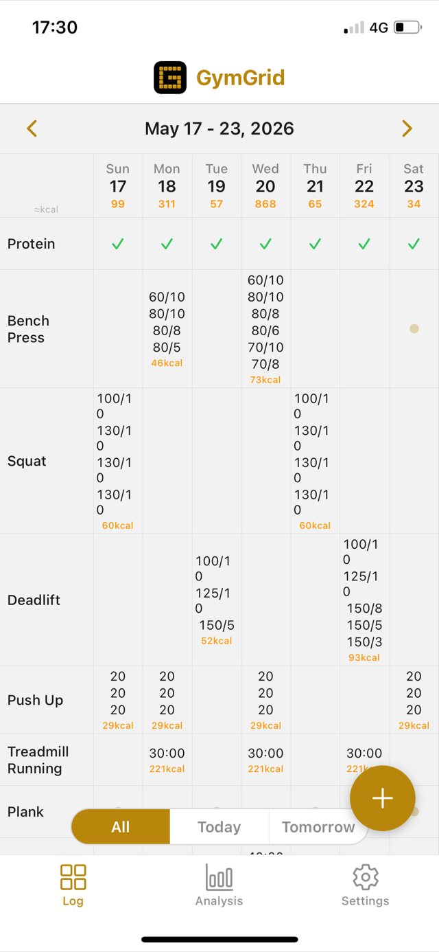 GymGrid's weekly grid: days across, exercises down, with each day's sets in the cells
