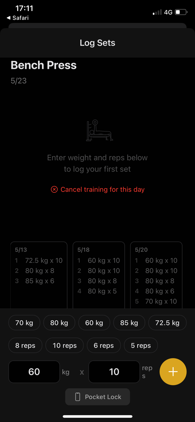 GymGrid's set logging screen, showing recent sessions and weight/reps suggestions