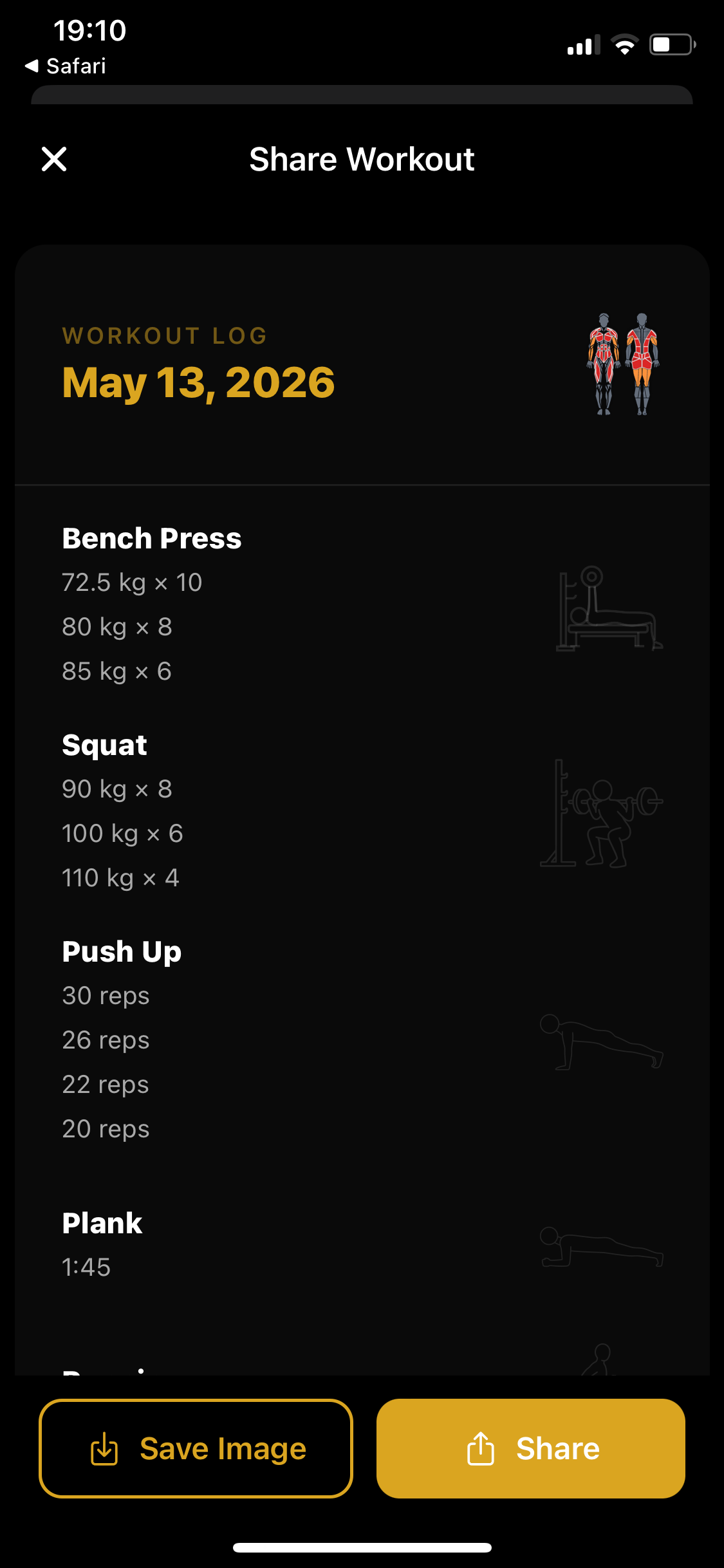 Preview of a share card summarizing a day's workout, with the date, exercises and sets, and Save Image / Share buttons