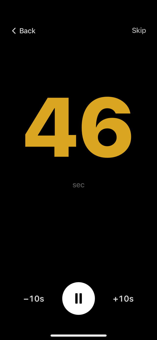 GymGrid's full-screen rest timer with a large central number, −10s / pause / +10s controls at the bottom, Back top-left and Skip top-right