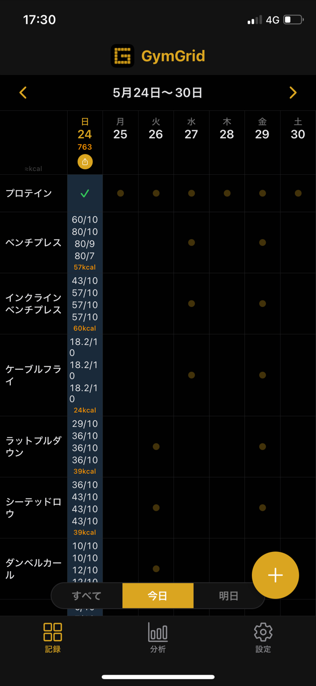 GymGrid の週間グリッド。曜日×種目のマス目に記録が並び、予定された曜日にはドットが表示される