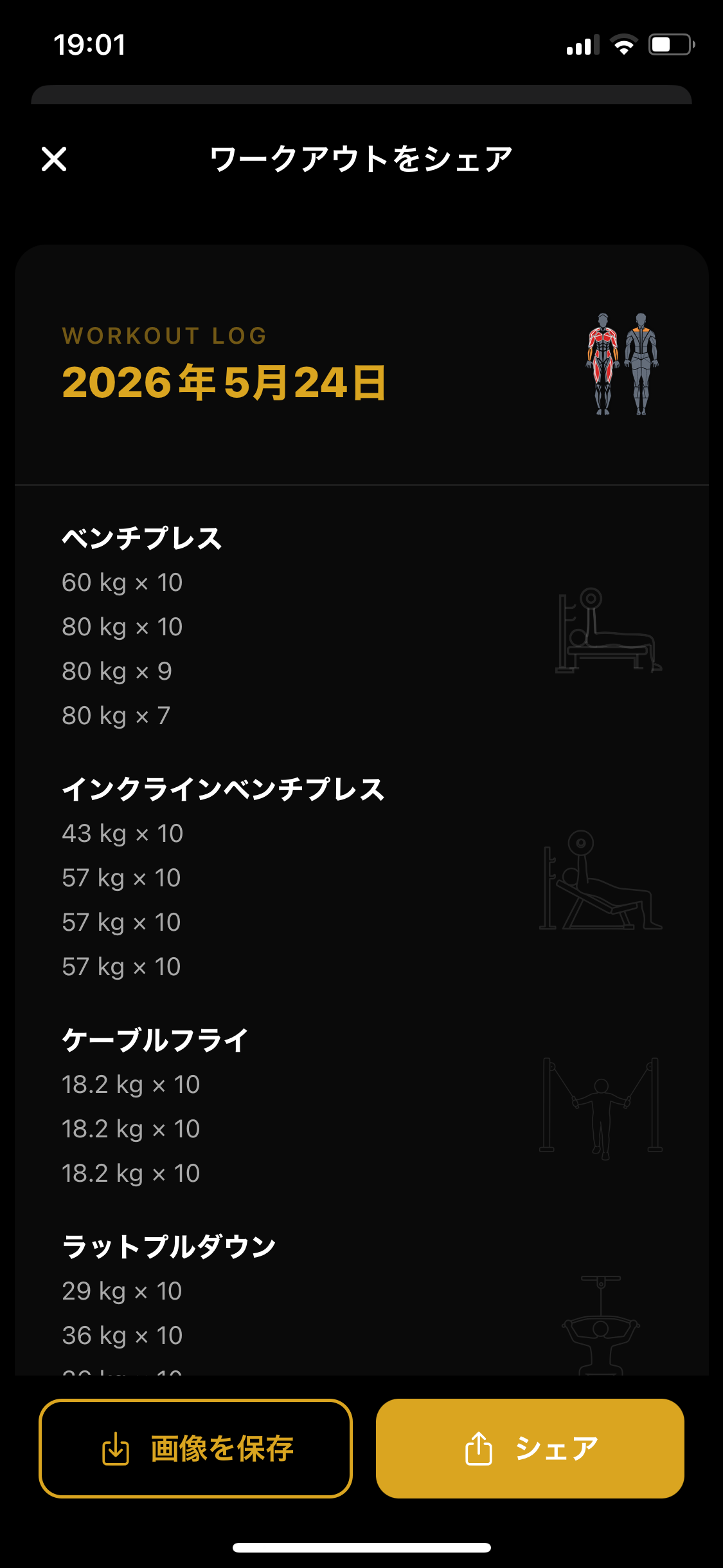 その日のワークアウトをまとめたシェアカードのプレビュー。日付・種目・セットと、画像を保存/シェアのボタンが表示されている